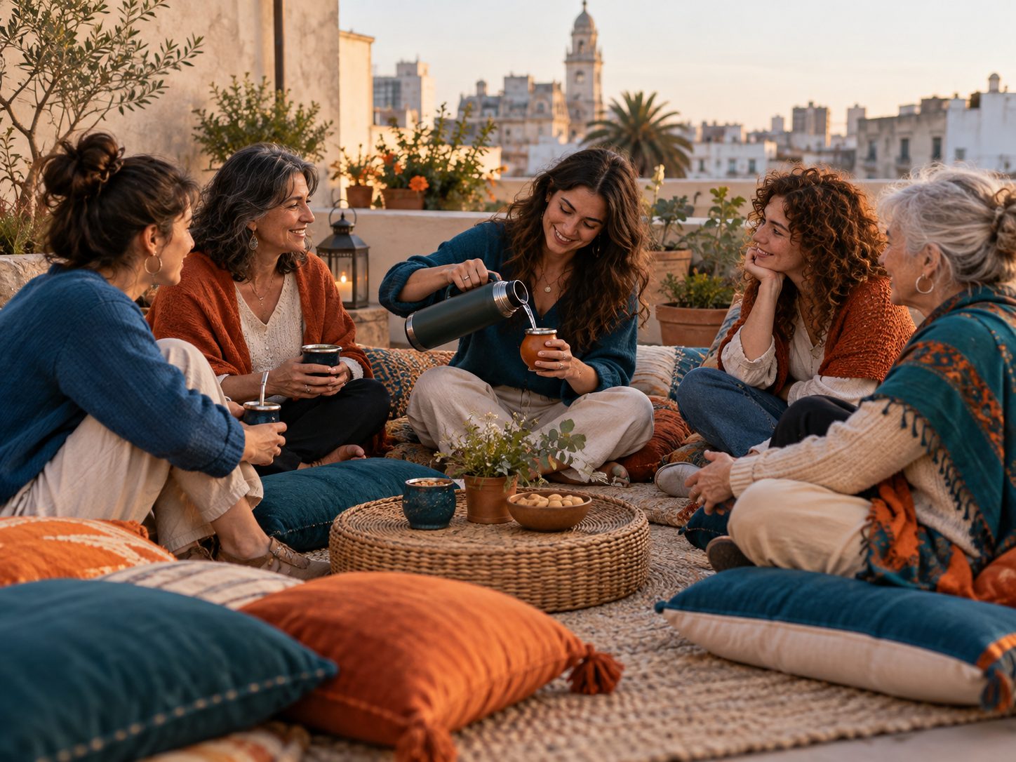 Grupo de mujeres uruguayas, entre ellas dos adultas mayores, compartiendo un encuentro con mate.