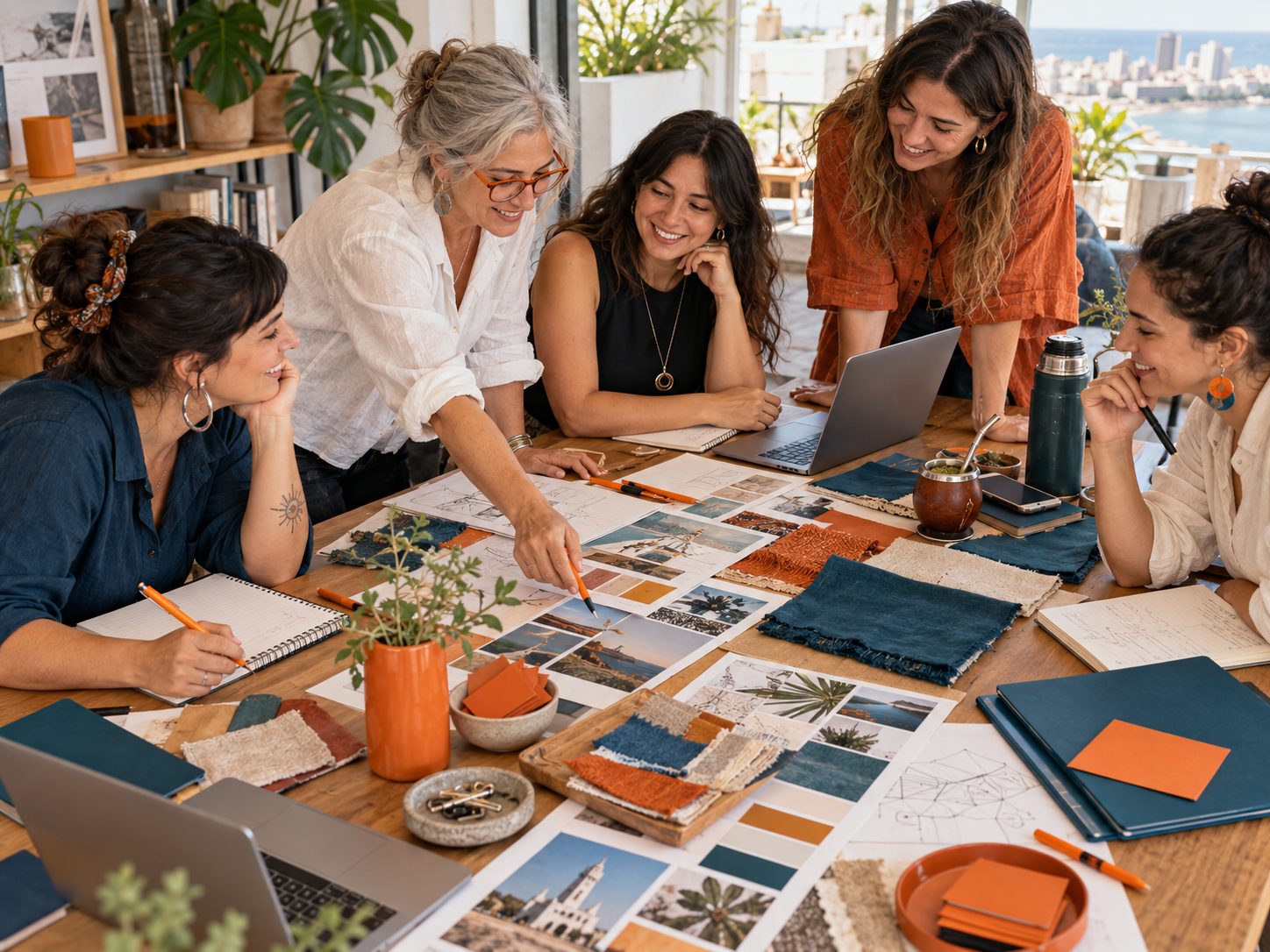Grupo intergeneracional de mujeres colaborando alrededor de una mesa de trabajo con computadoras y cuadernos.