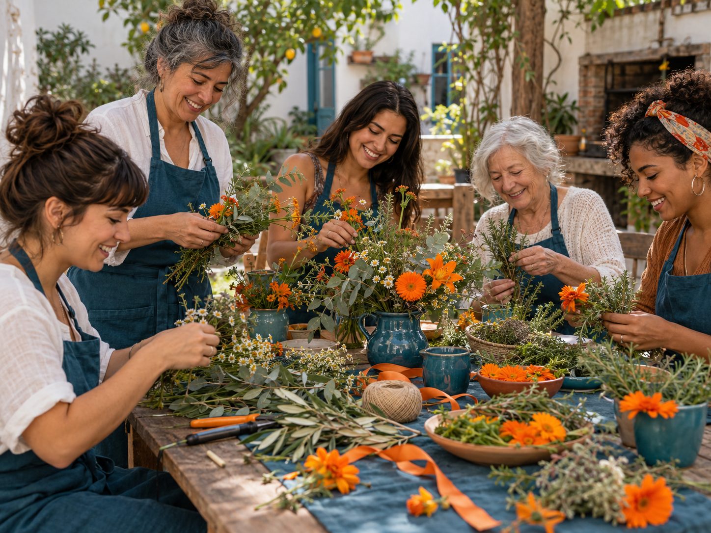 Mujeres de diferentes generaciones, con dos adultas mayores, preparando arreglos florales en un patio uruguayo.