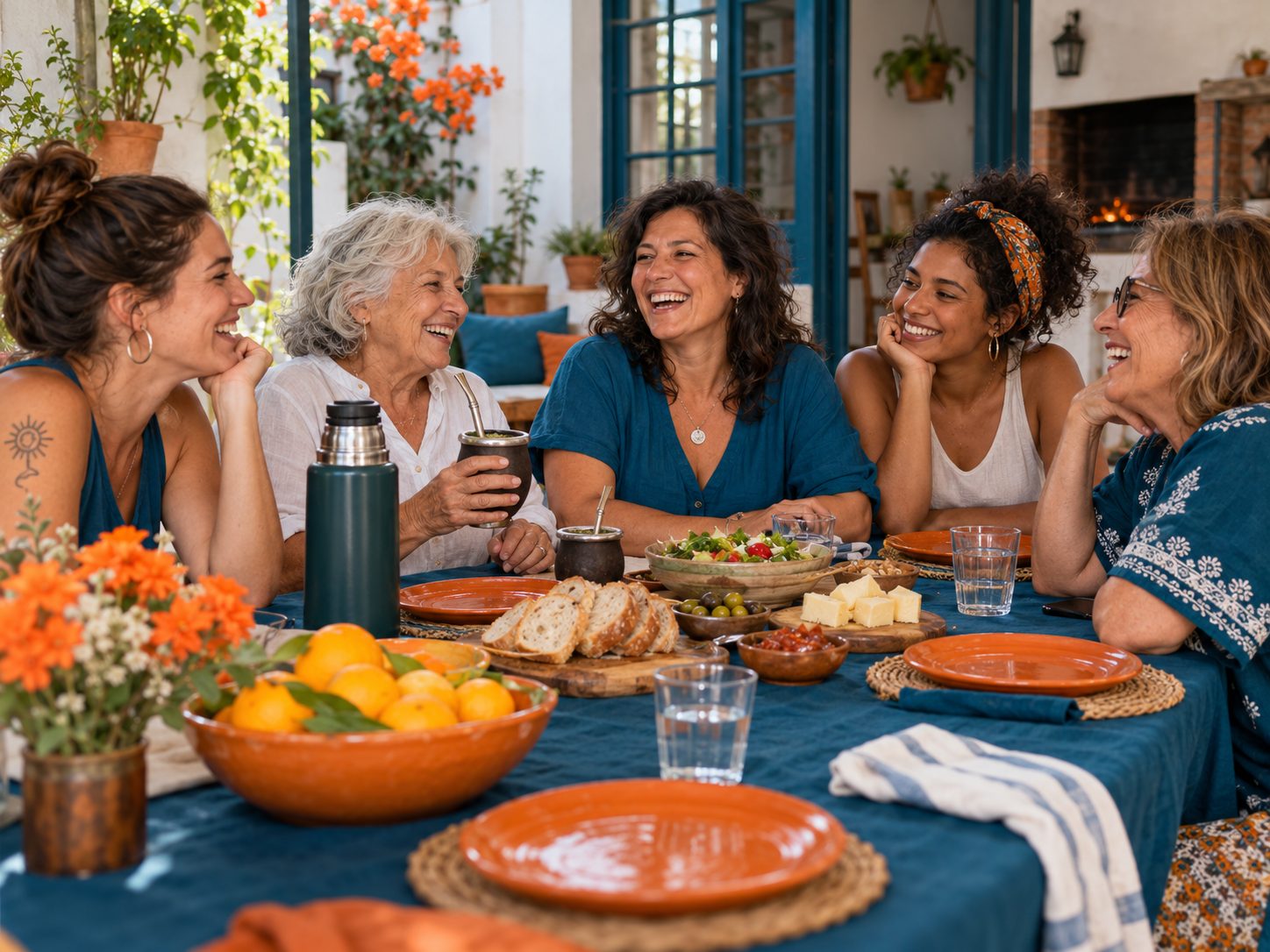 Grupo de mujeres uruguayas de distintas generaciones, incluidas dos adultas mayores, compartiendo un encuentro con mate.