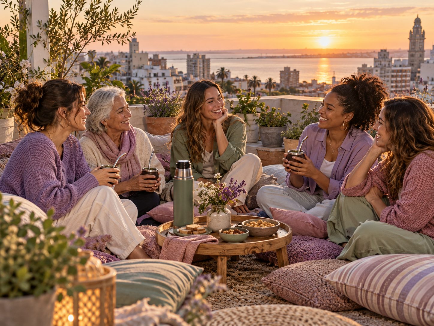 Encuentro cercano de mujeres uruguayas compartiendo mate, con distintas edades presentes.