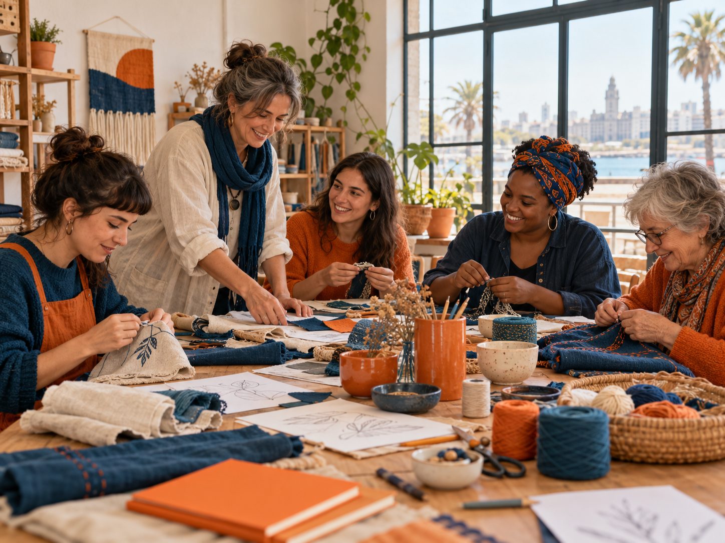Taller textil compartido por mujeres jóvenes, de mediana edad y dos adultas mayores, con materiales de trabajo en tonos azul petróleo y naranja.